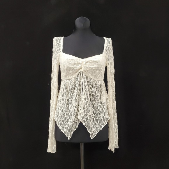 Kimchi Blue Tops - Kimchi Blue Womens Square Neck Long Sleeve Lace Top Size S Y2K Split Front Sheer